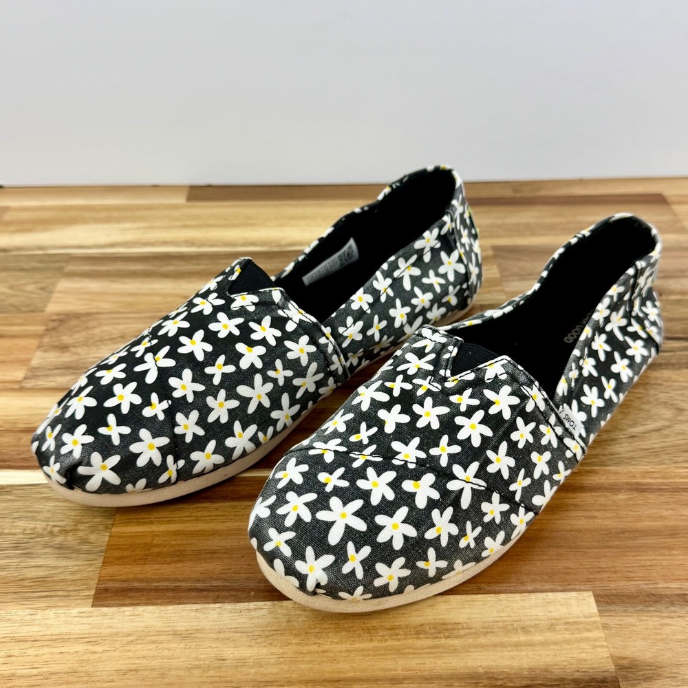 TOMS Alpargata Daisy Floral Slip On Casual Comfort Shoes Black White Womens‎ 7.5